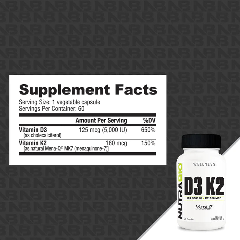 Vitamin D3 K2 (5000 IU D3, 180 MCG K2) 60 Capsules