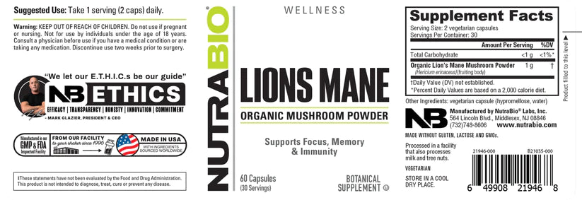 Lions Mane Organic Mushroom (500 mg) 60 Capsules